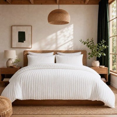 NEW Anthropologie White Boho Queen / King Tufted Line Bedspread Duvet & Sham Set