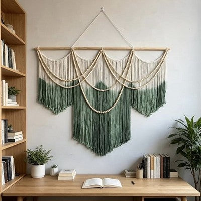 NEW Anthropologie XL Green Dyed Boho Beaded Tapestry Macrame Wall Hanging 60x43