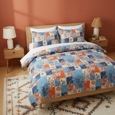 NEW Anthropologie Blue & Orange Boho Floral Patchwork Duvet Bedding & Sham Set