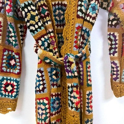 Vintage Italian Macrame Women's Crochet Rainbow Quilt Duster Sweater Coat Large