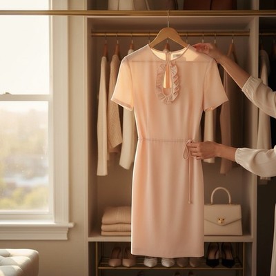 Vintage Carolina Herrera Pink Silk Ruffle Short Sleeve Shift Dress - Size Small