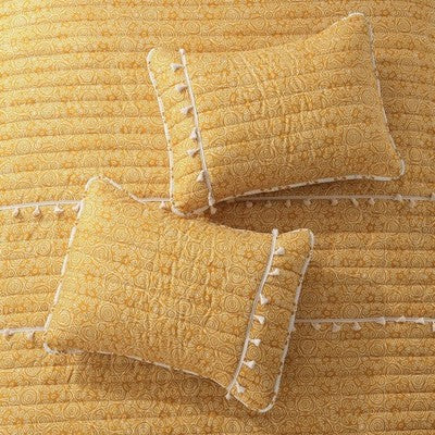 NEW Anthro Yellow Boho Reversible Tassel Queen / King Bedding Quilt & Sham Set