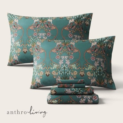 NEW Anthropologie Teal Orange 100% Cotton Matching 4 PC Sheet Set