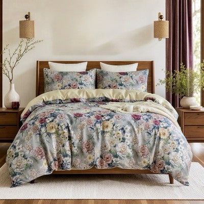 NEW Anthropologie Purple Rose Floral Boho 100% Cotton Duvet Bedding & Sham Set