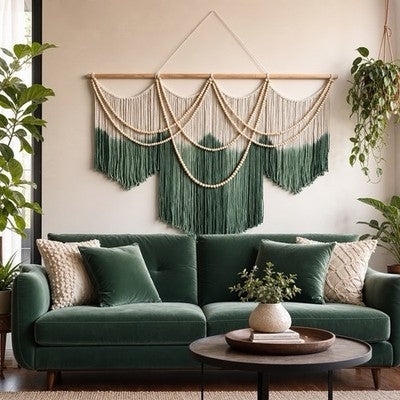 NEW Anthropologie XL Green Dyed Boho Beaded Tapestry Macrame Wall Hanging 60x43