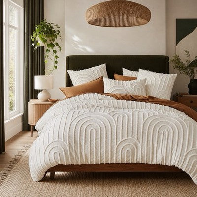 NEW Anthropologie Beige Boho Queen / King Tufted Rainbow Bedding Duvet Sham Set