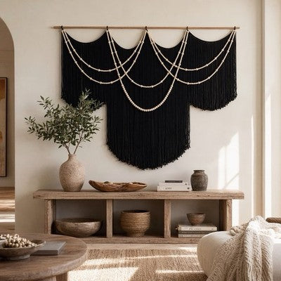 NEW Anthropologie XL Black Boho Beaded Tapestry Macrame Wall Hanging 57" x 43"