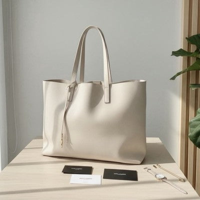 YSL / Yves Saint Laurent Beige Pink Gold Leather Shopping Tote Bag Purse - Large