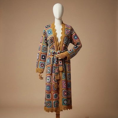 Vintage Italian Macrame Women's Crochet Rainbow Quilt Duster Sweater Coat Large