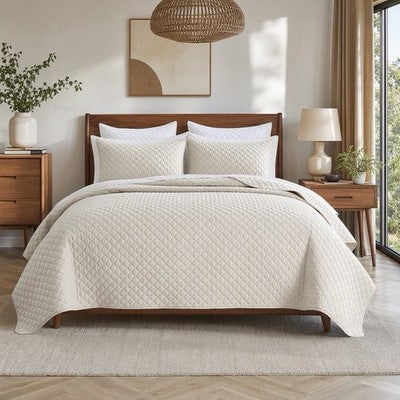 NEW West Elm Cream Ultra Soft Diamond Quilted Queen King Bedding Quilt Sham Set