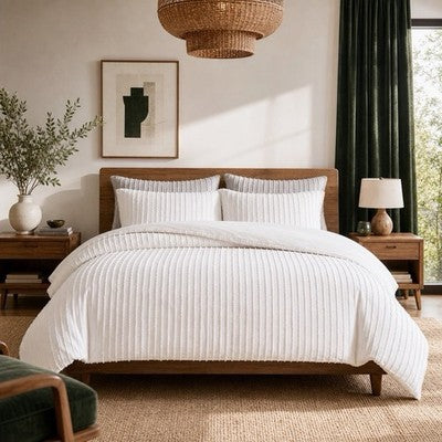 NEW Anthropologie White Boho Queen / King Tufted Line Bedspread Duvet & Sham Set