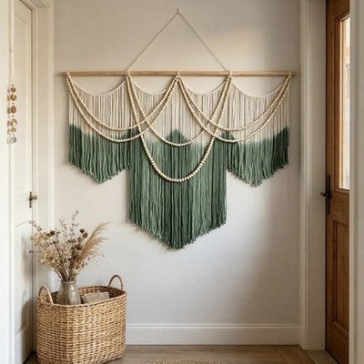 NEW Anthropologie XL Green Dyed Boho Beaded Tapestry Macrame Wall Hanging 60x43