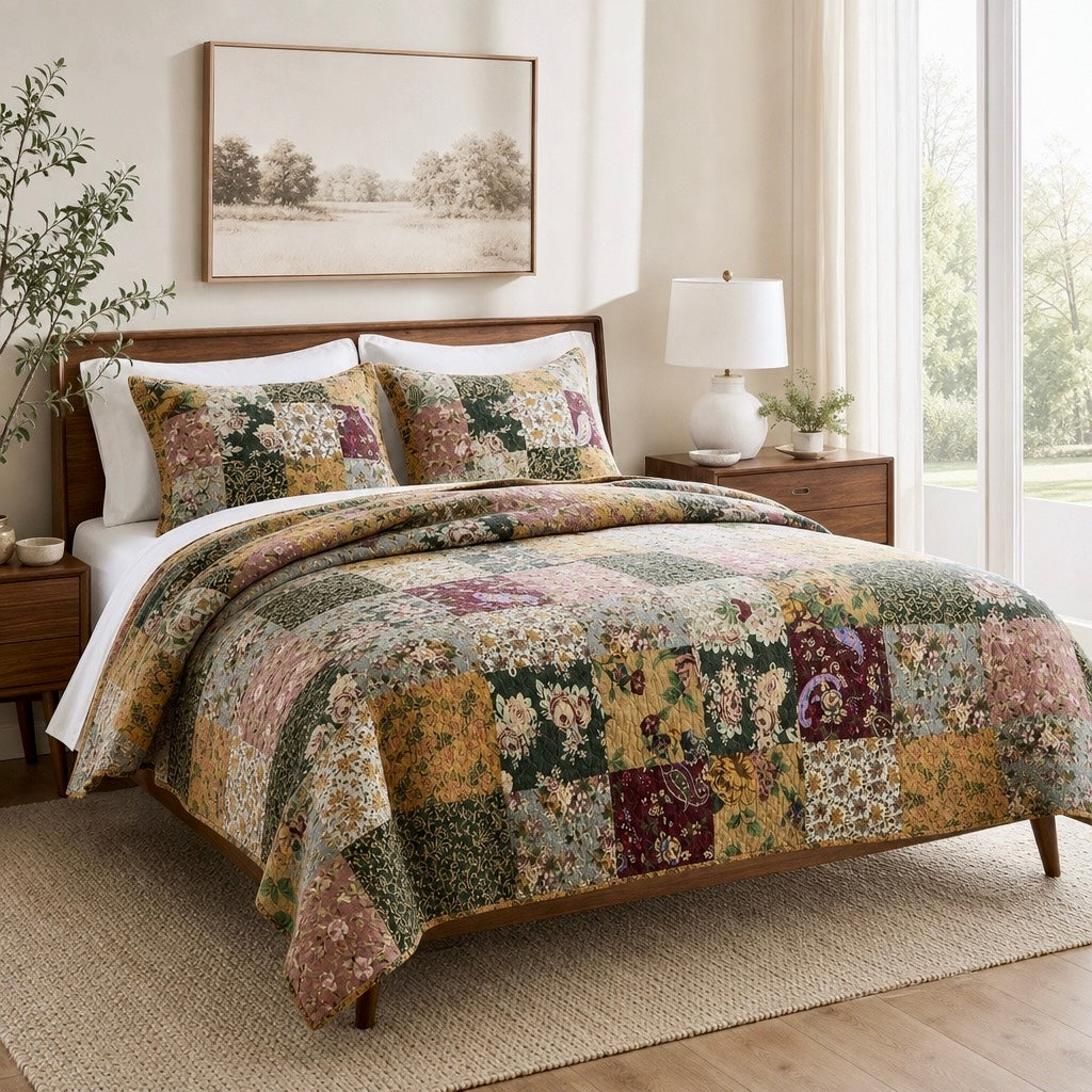 NEW Anthropologie Cotton Reversible Patchwork Queen King Bedding Quilt Sham Set