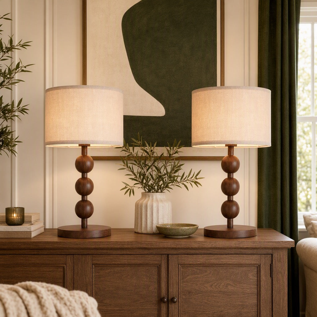 NEW Anthropologie Set of 2 Vintage Wood Ball Retro Boho Table Lamps Lighting 20"