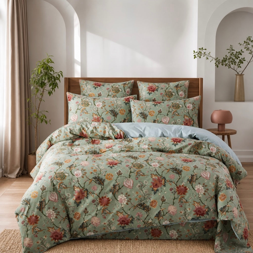 NEW Anthropologie Tiffany Green Floral Retro Antique Comforter Bedding Sham Set