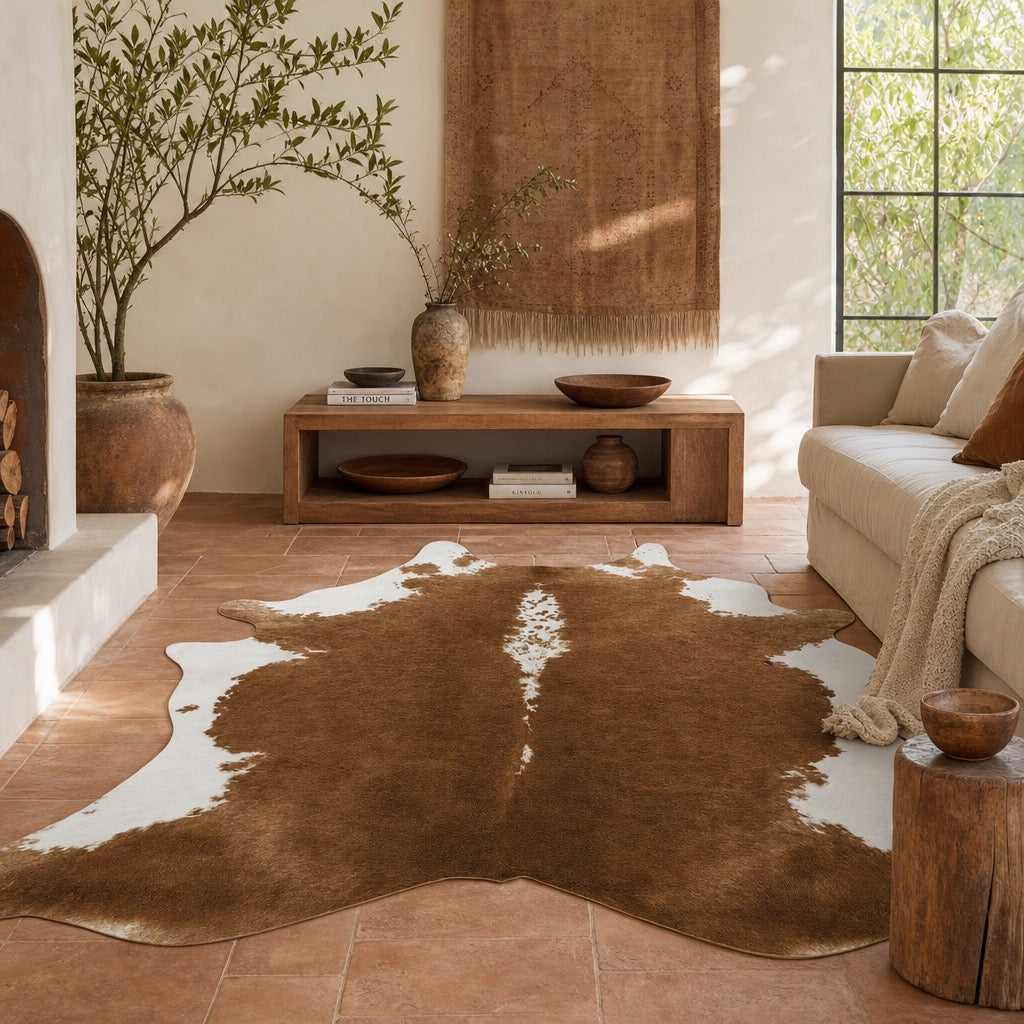 NEW West Elm XL Faux Cowhide Fur Leather White Area Rug Boho Floor - 6’ x 5’