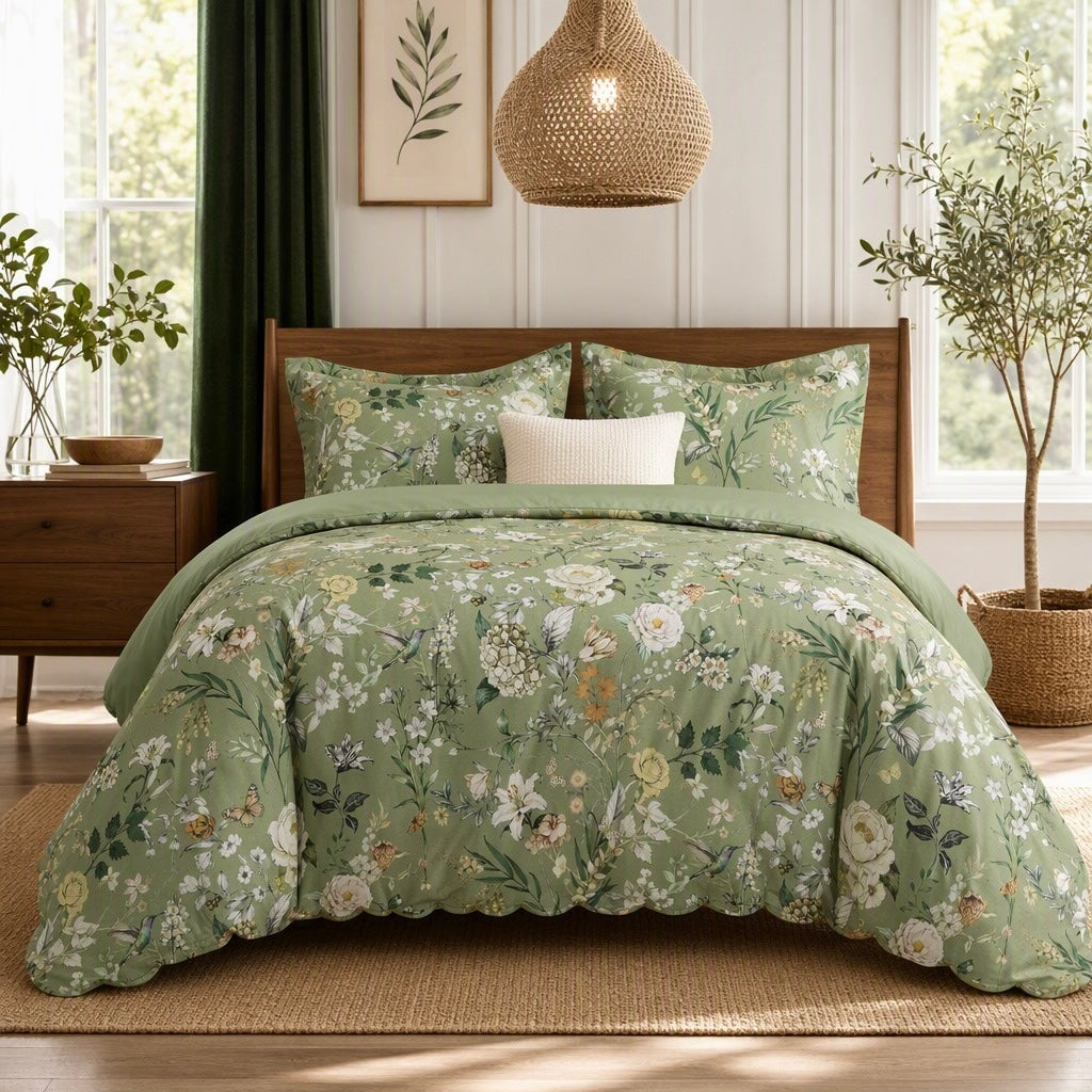 NEW Anthropologie Vintage Green Floral Bird Queen King Duvet Bedding & Sham Set
