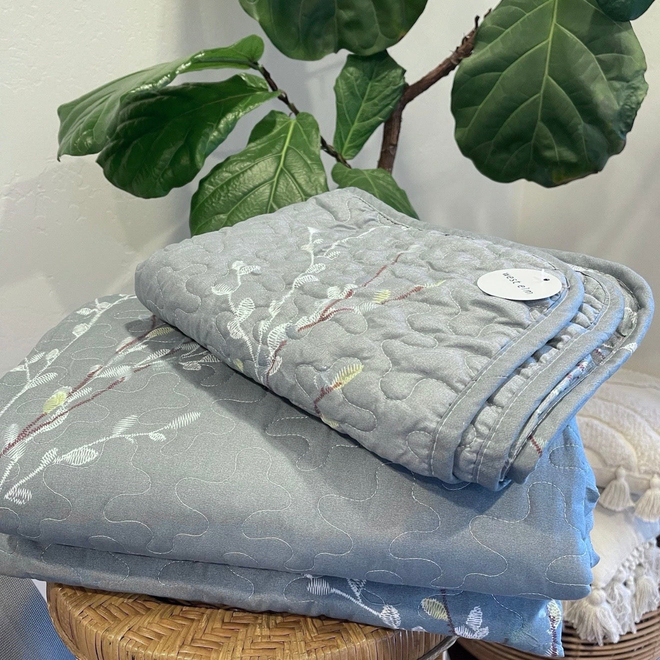 NEW West Elm Blue King Size Floral Embroidered Bedspread Quilt Pillow Case Set