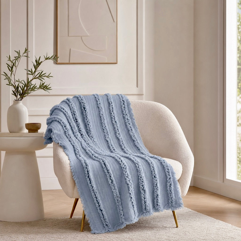 NEW West Elm Boho Blue Quilted Ruffle Knit Throw Blanket Bedding - 60" x 80"