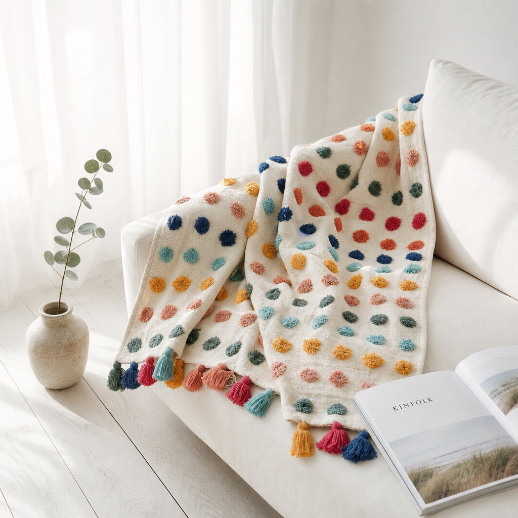 New Anthropologie Boho Tassel Pom Pom Colorful Throw Blanket Bedding - 50" x 60"
