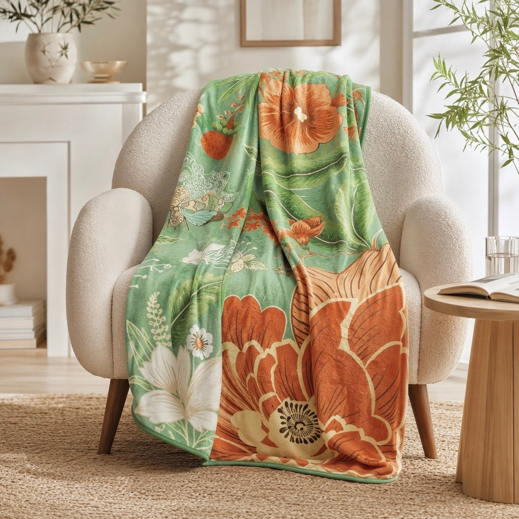 NEW Anthropologie XL Queen Size Boho Green Floral Fleece Blanket Bedspread 90x90