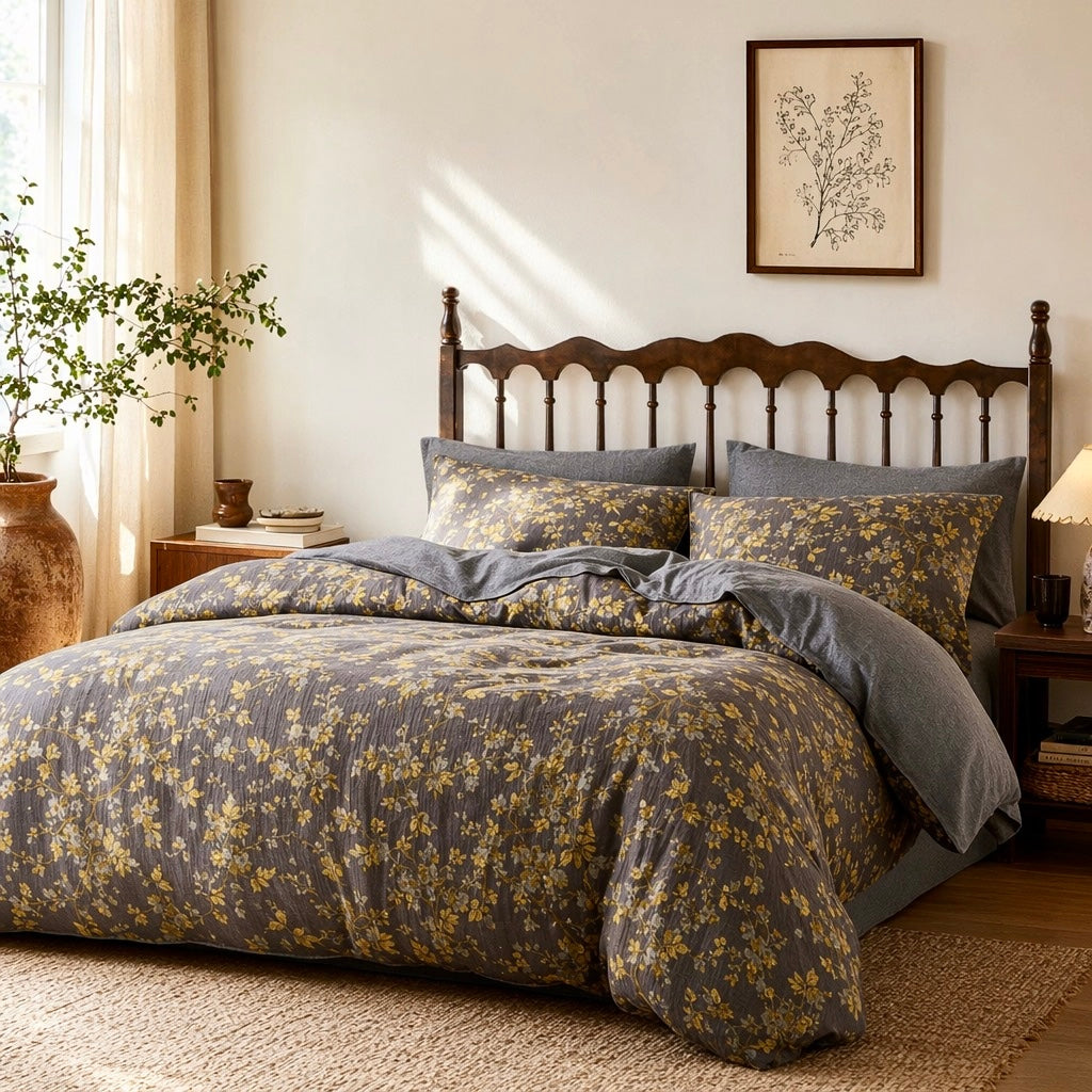 NEW Anthro Gold Jacquard 100% Cotton Boho Queen / King Bedding Duvet & Sham Set