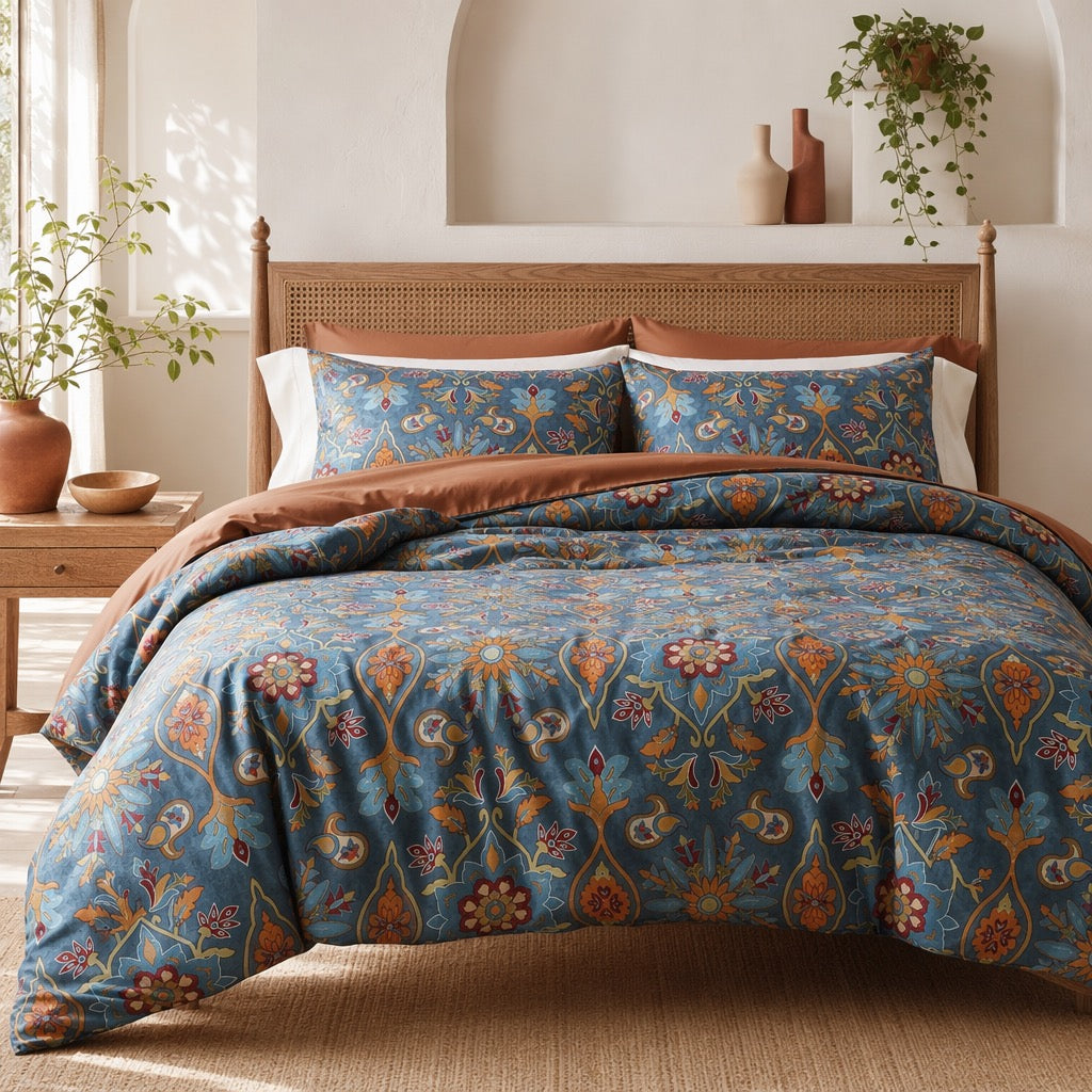 NEW Anthropologie Blue Damask Queen King Egyptian Cotton Bedding Duvet Sham Set