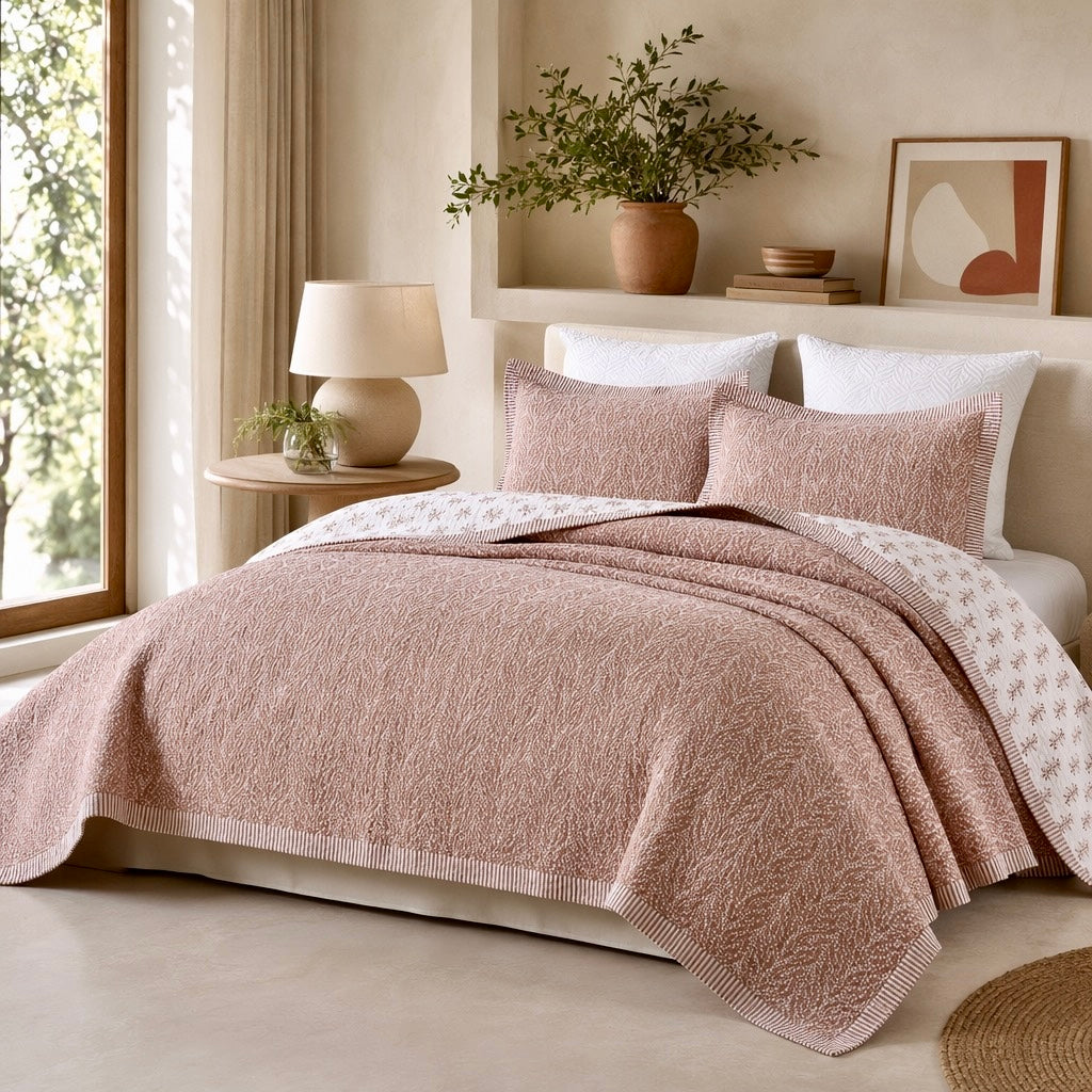 NEW West Elm Blush Botanical Pattern Cotton Queen King Bedding Quilt & Sham Set