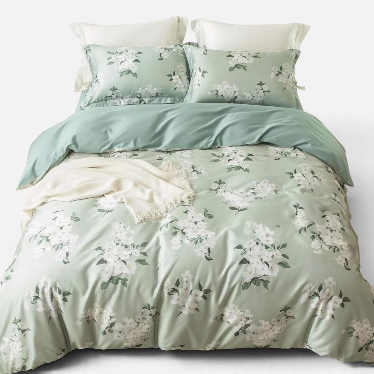 NEW West Elm Sage Green Floral Print Cotton Multi-Size Bedding Duvet & Sham Set