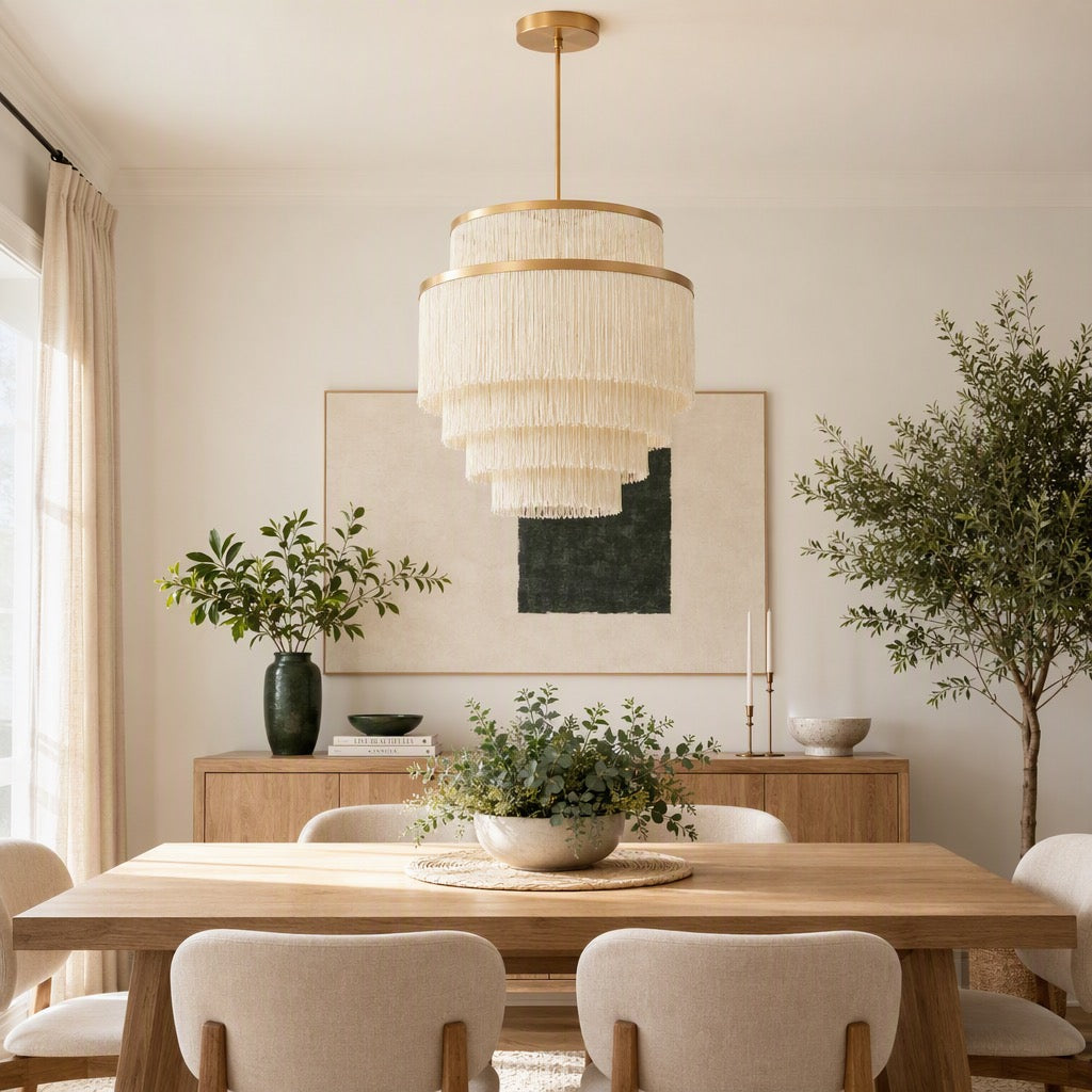 NEW Anthropologie Chandelier Mid-Century Boho Fringe Gold Ceiling Light Fixture