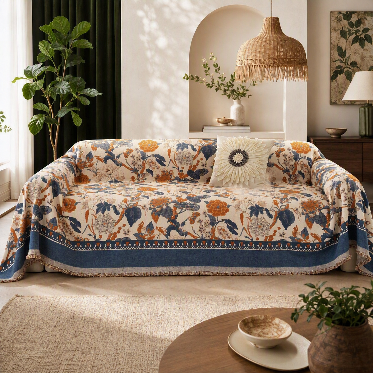 NEW XL Anthropologie Boho Floral Couch Cover Throw Blanket Quilt - 70" x 120"
