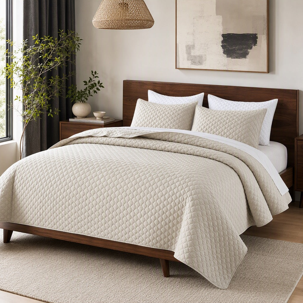 NEW West Elm Cream Ultra Soft Diamond Quilted Queen King Bedding Quilt Sham Set