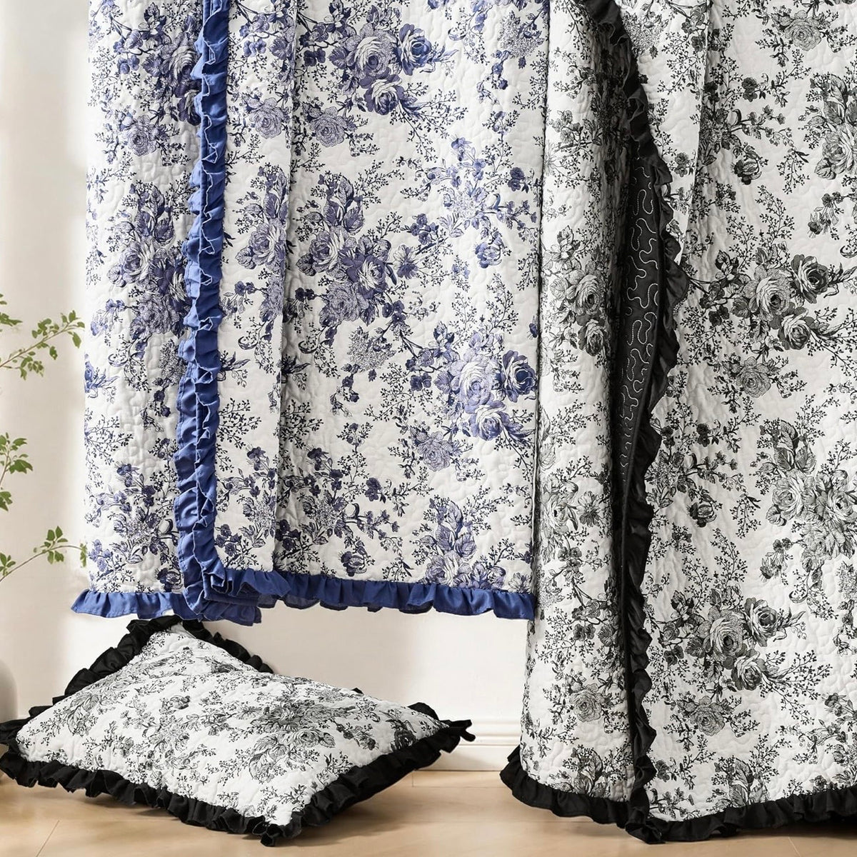 NEW Anthropologie Blue White Floral Ruffle Trim Quilt Coverlet Bedding Sham Set