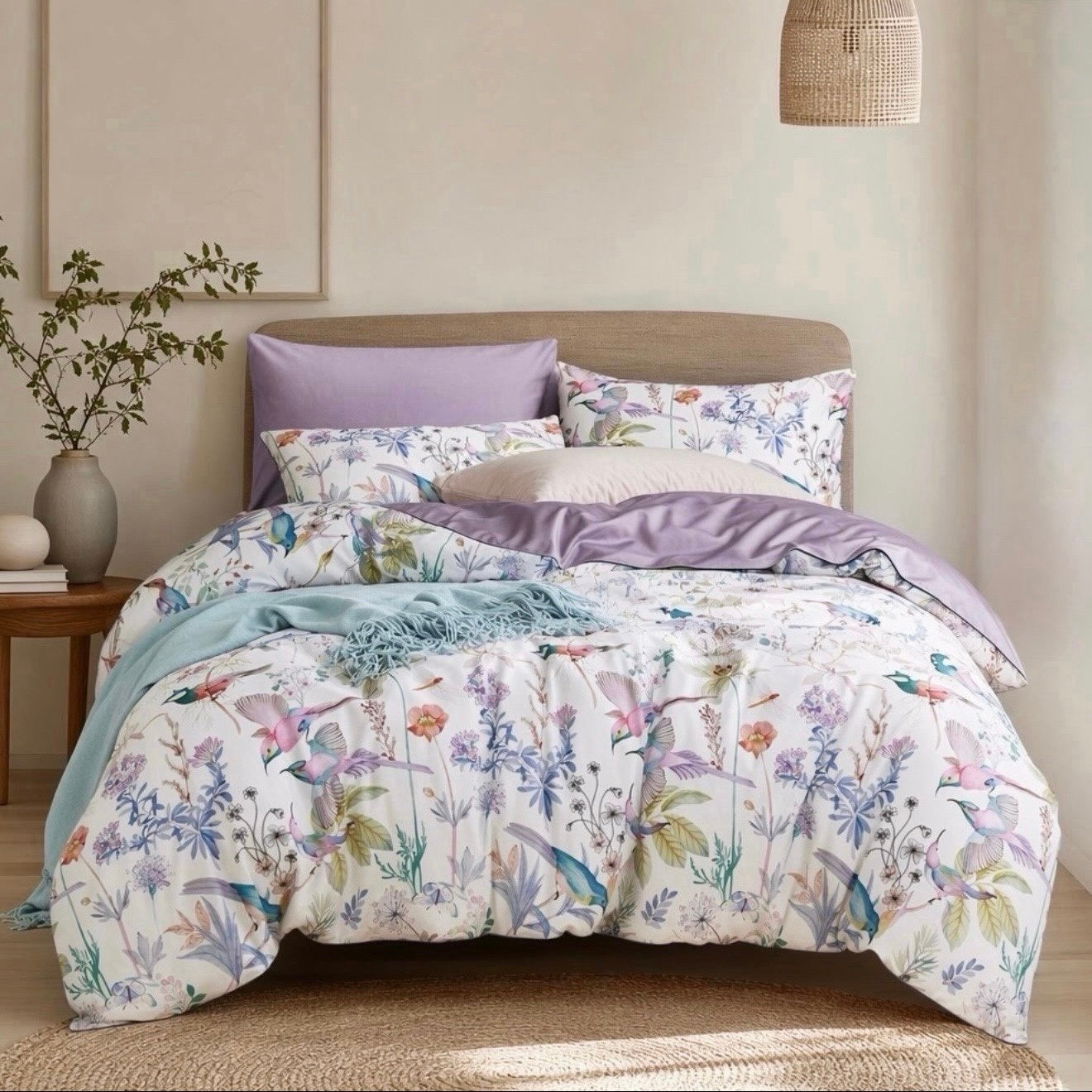 NEW Anthropologie Purple Floral Bird Duvet, Shams & Matching 4 Piece Sheet Set