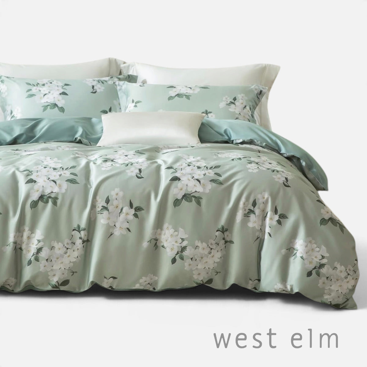 NEW West Elm Sage Green Floral Print Cotton Multi-Size Bedding Duvet & Sham Set