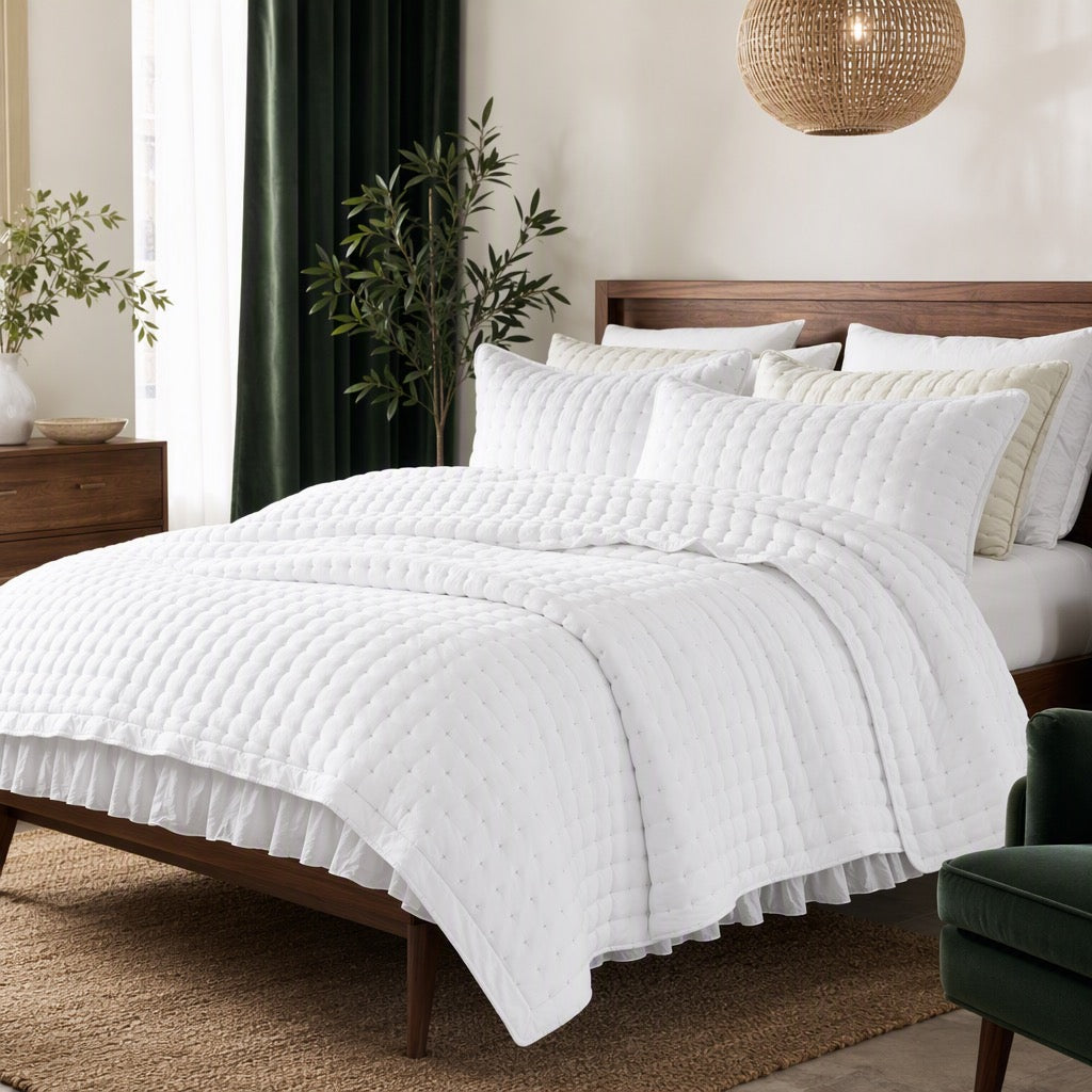 NEW West Elm White Ultra Soft Stitch Quilted Comforter Coverlet Bedding Sham Set