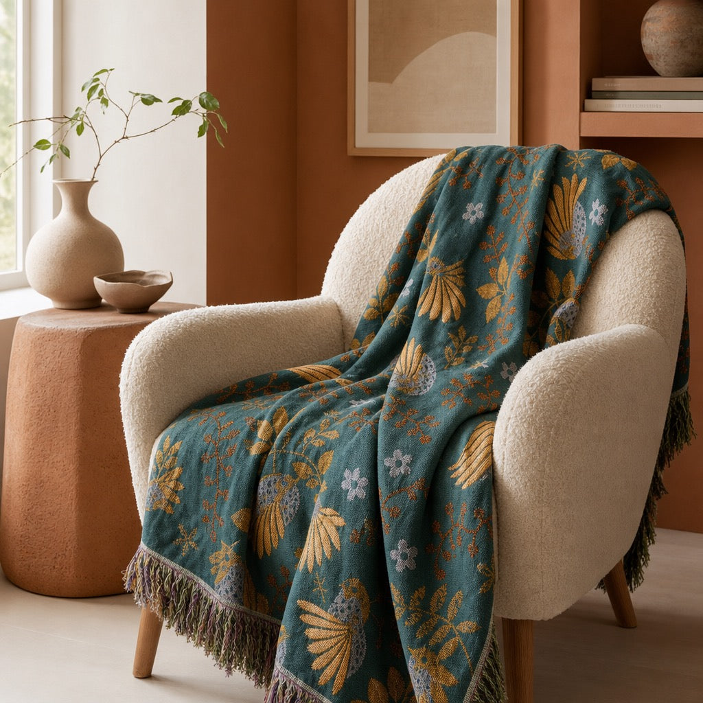 NEW Anthropologie Teal Reversible Boho Bird Blanket Bedspread Quilt 80" x 60"
