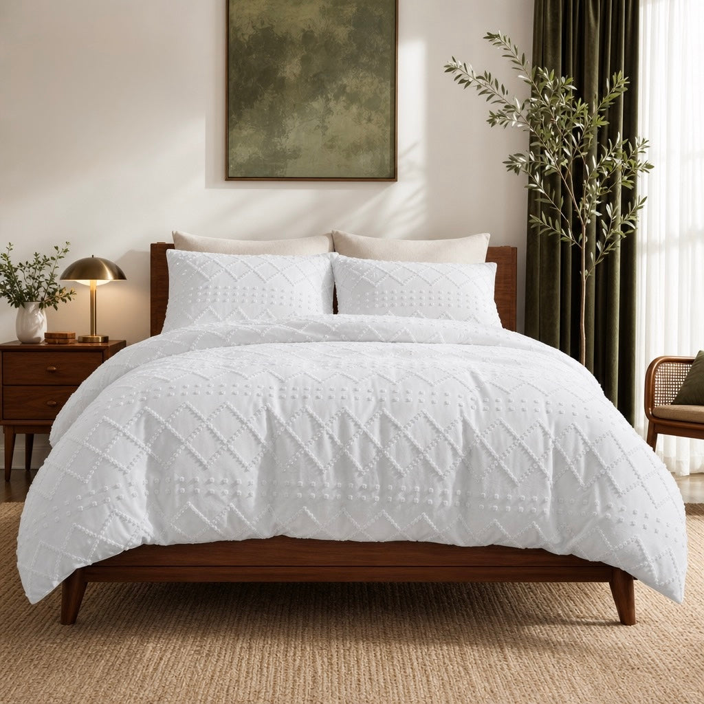 NEW Anthropologie White Queen / King Embroidered Tassel Bedspread Duvet Sham Set