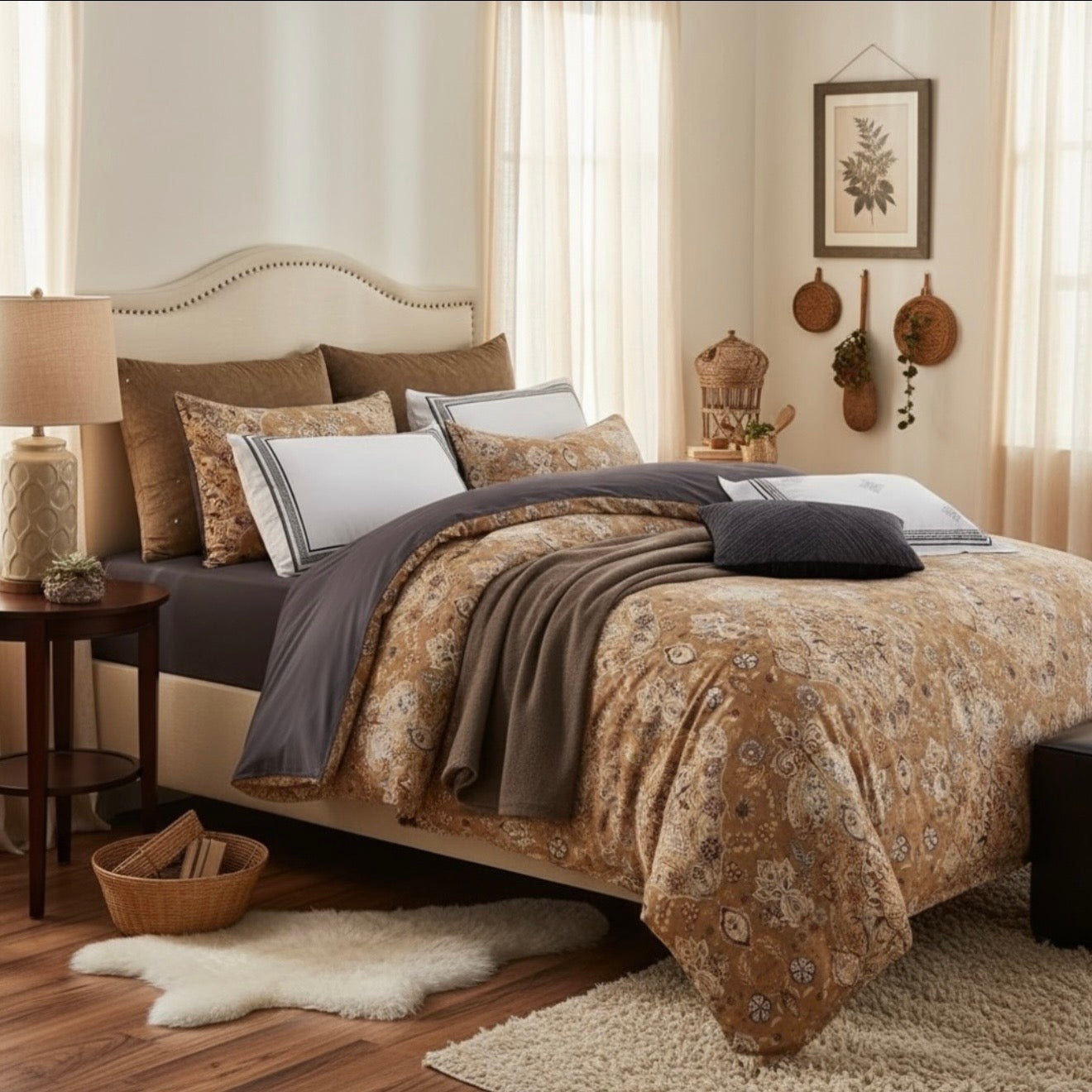 NEW West Elm Beige Floral Orange Paisley Queen / King Bedding Duvet & Sham Set