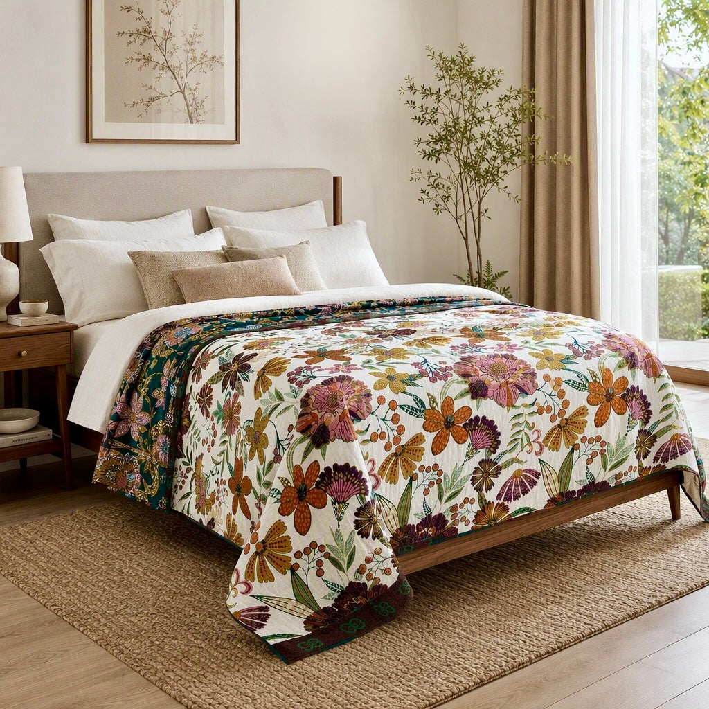 New Anthropologie Boho Floral Reversible Throw Blanket Bedspread Quilt 80" x 60"