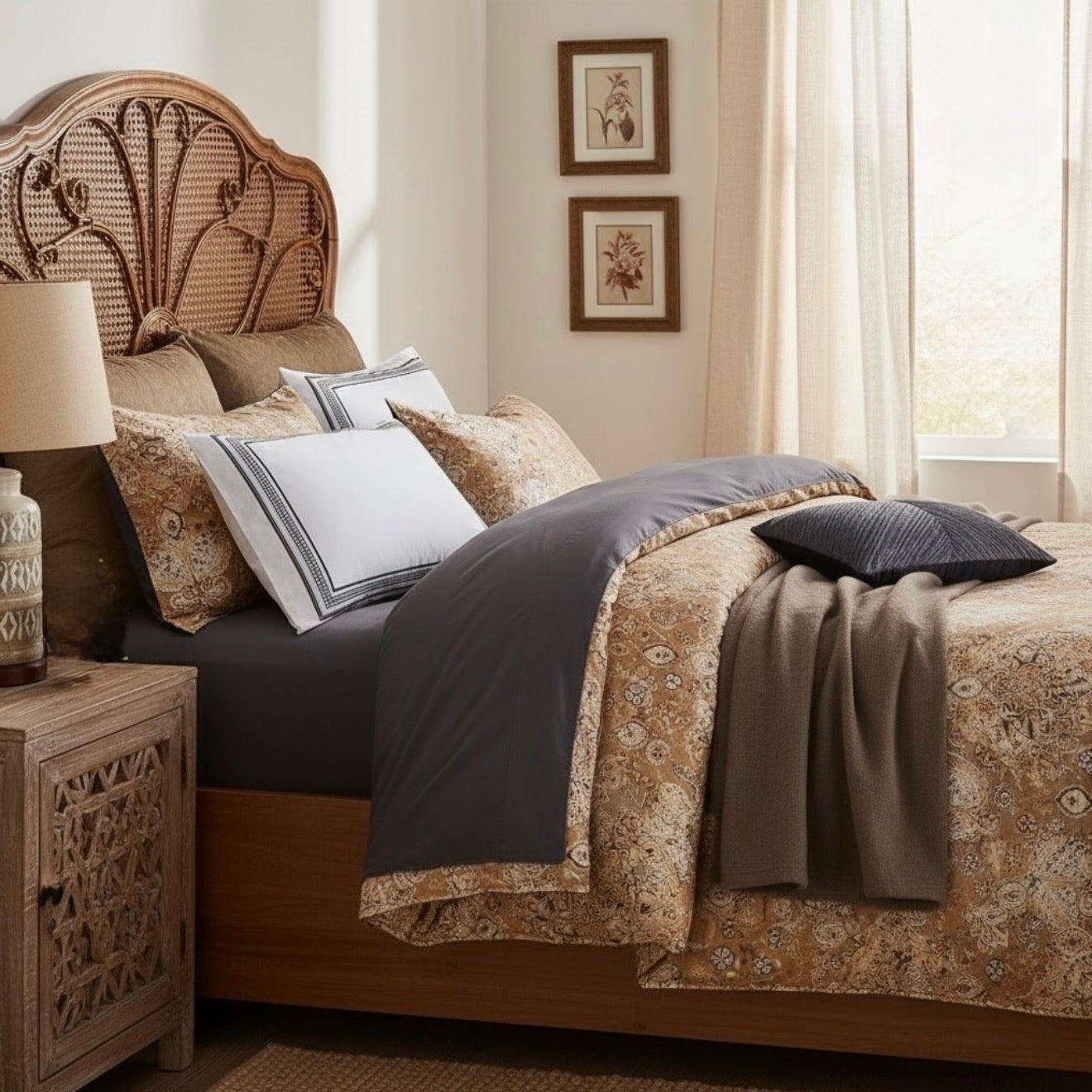 NEW West Elm Beige Floral Orange Paisley Queen / King Bedding Duvet & Sham Set