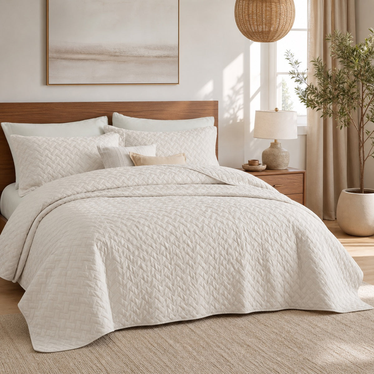 NEW Anthropologie Beige Boho Chevron Quilted Bedding Quilt & Sham Set - Queen / King