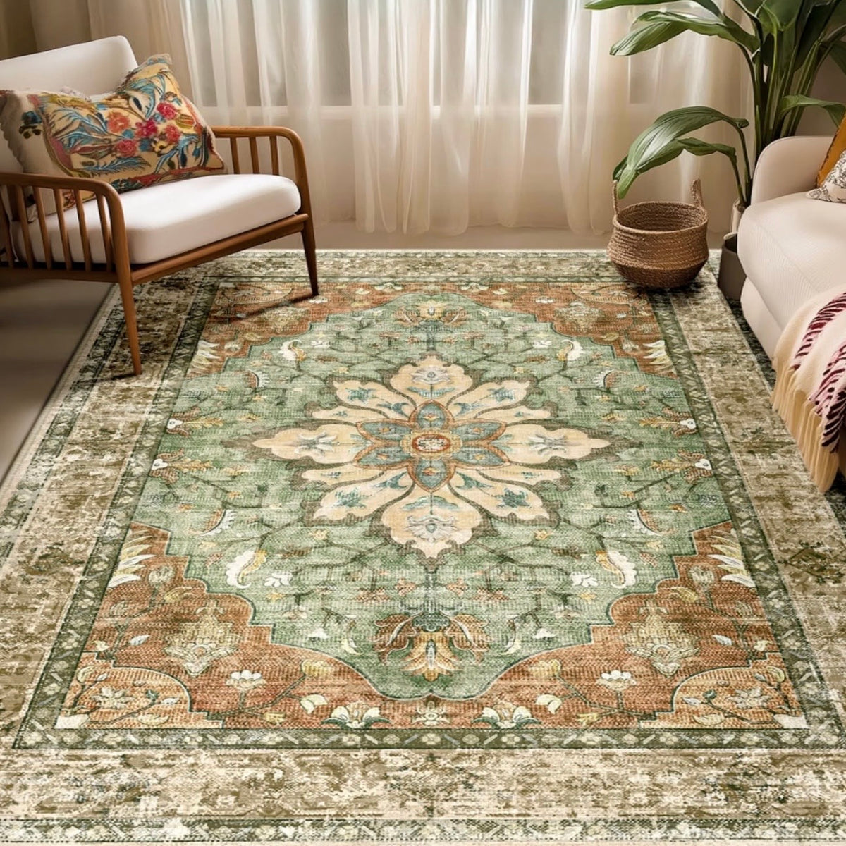 NEW West Elm Green Moroccan Boho Floral Washable Area Rug Carpet - 5' x 7'
