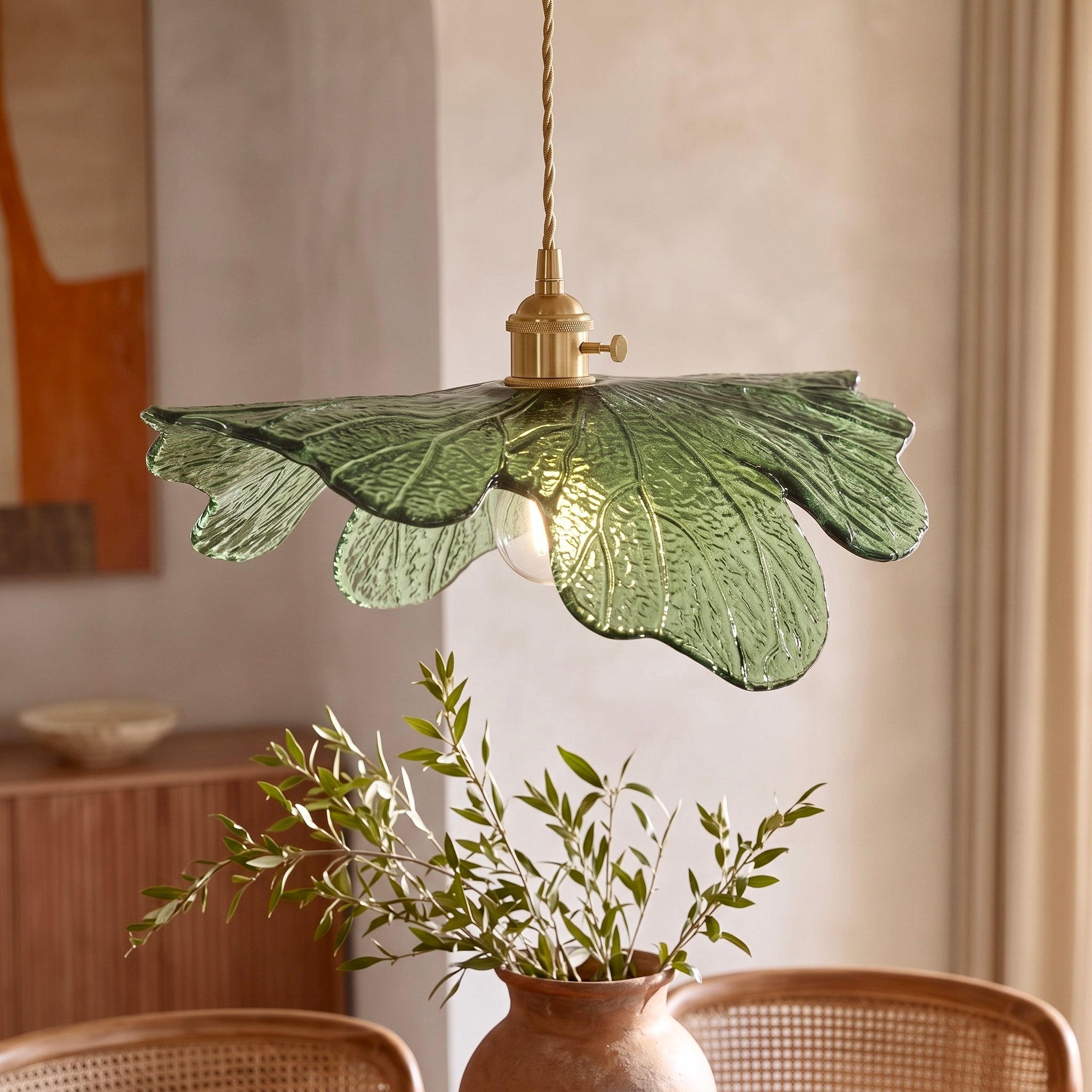 NEW Anthro Vintage Green Glass Hanging Retro Gold Floral Pendant Light Fixture