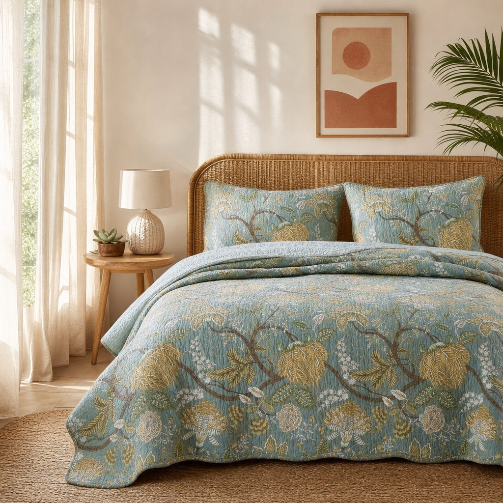 NEW Anthro Green Floral Reversible Queen / King Boho Bedding Quilt & Sham Case