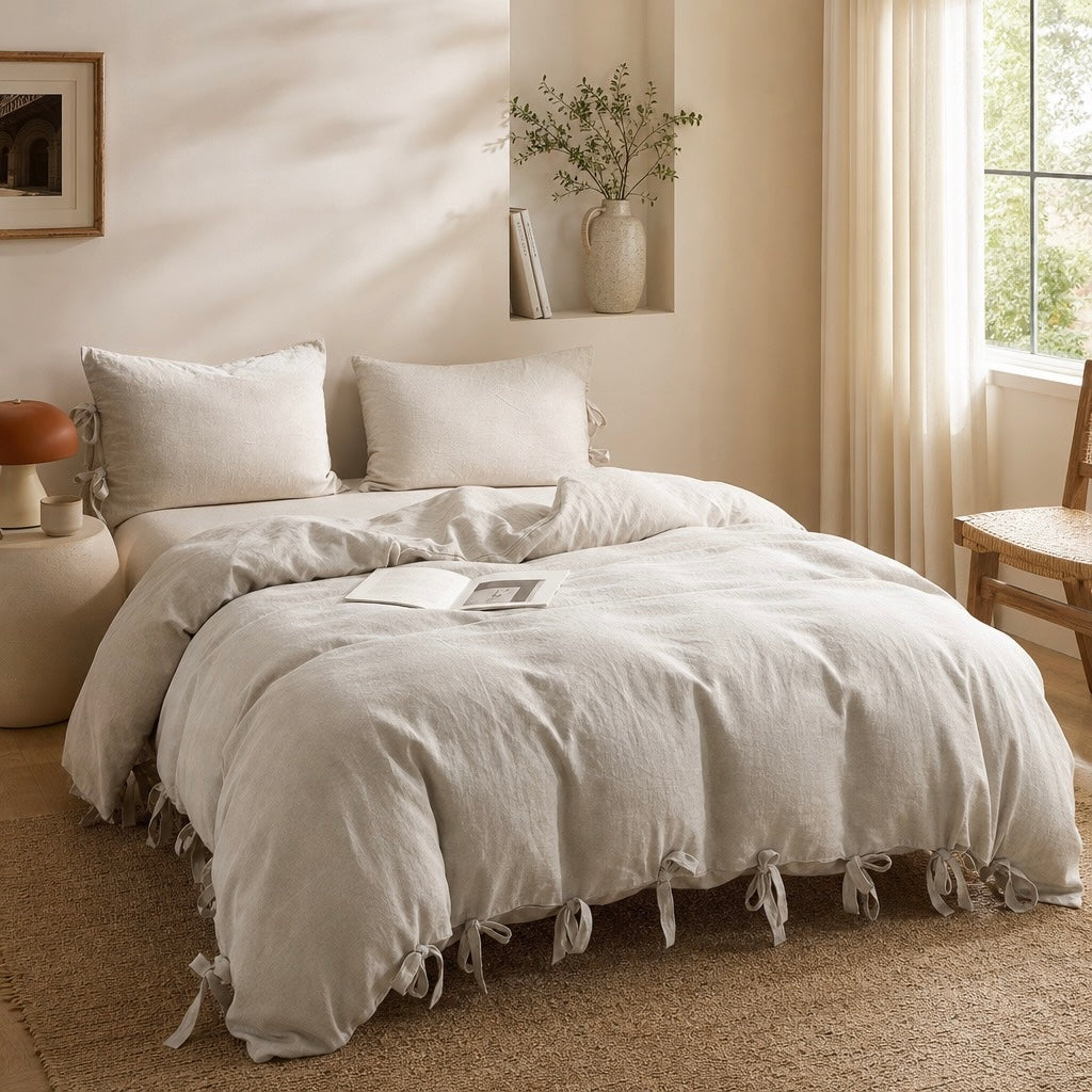 NEW West Elm Boho Beige Khaki Bow King Size Soft Washed Bedding Duvet & Sham Set