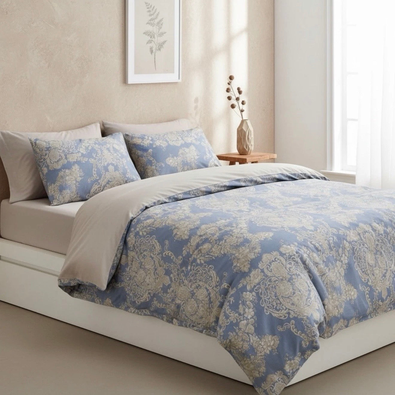 NEW Anthropologie Blue Damask Lux 100% Cotton Boho Queen / King Bedding Duvet Sham Set