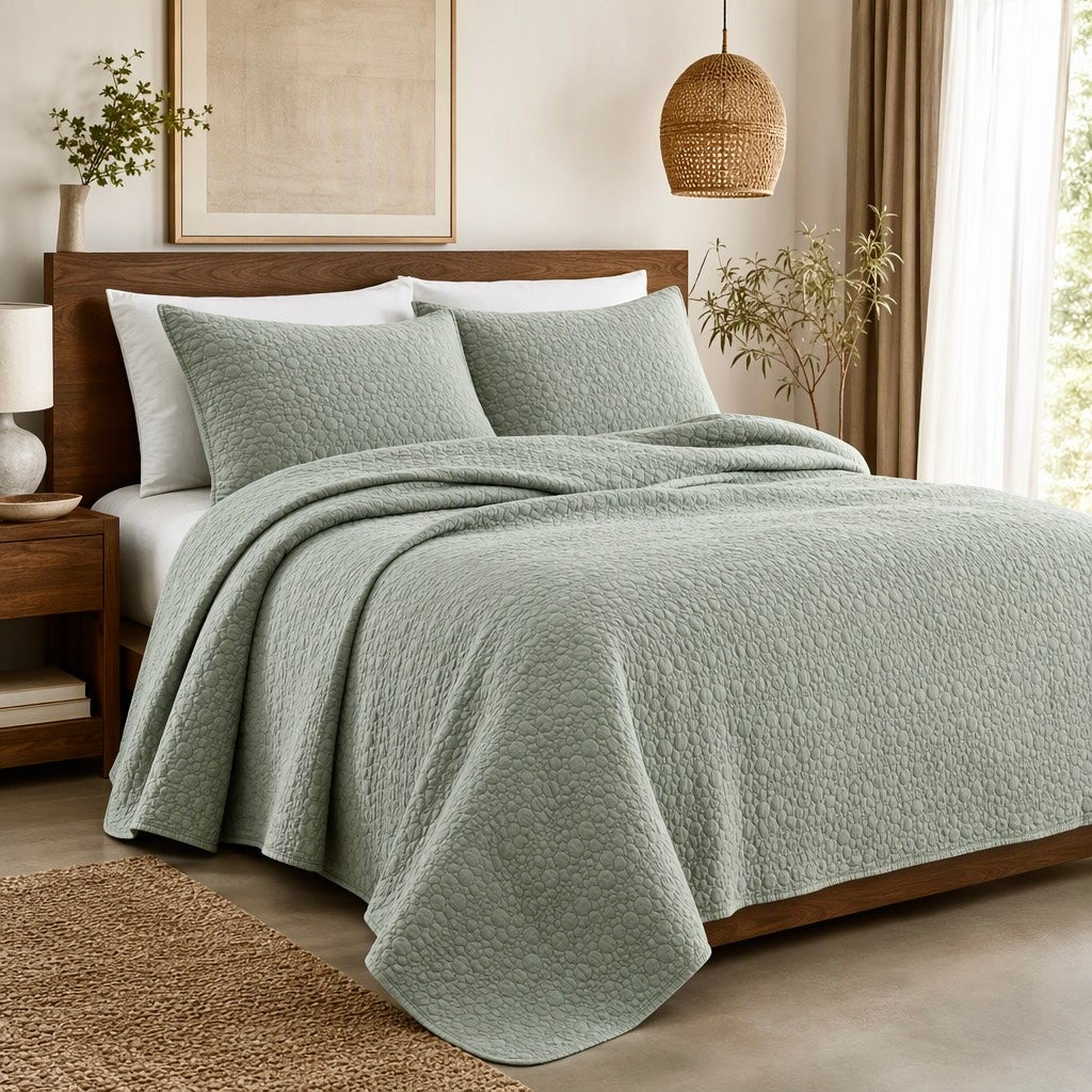 NEW West Elm Green Stone Print Ultra Soft Queen King Bedding Bedspread Sham Set