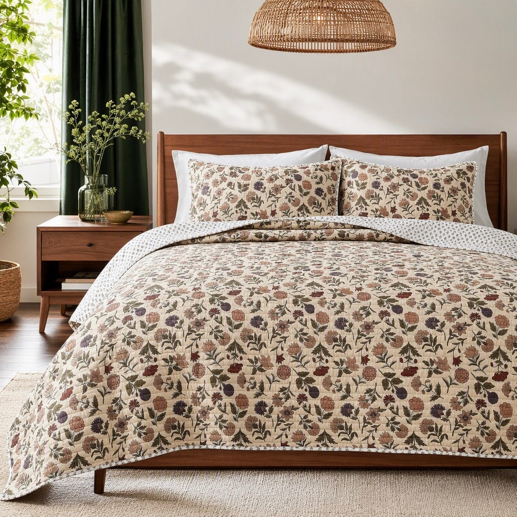 NEW Anthropologie Beige Boho Floral Reversible Quilt Bedspread Bedding Sham Set