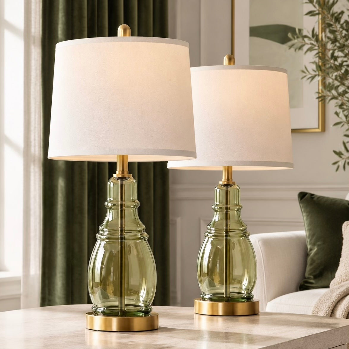 NEW Anthropologie Set of 2 Sage Green Glass Gold Boho Table Lamps Lighting - 22"